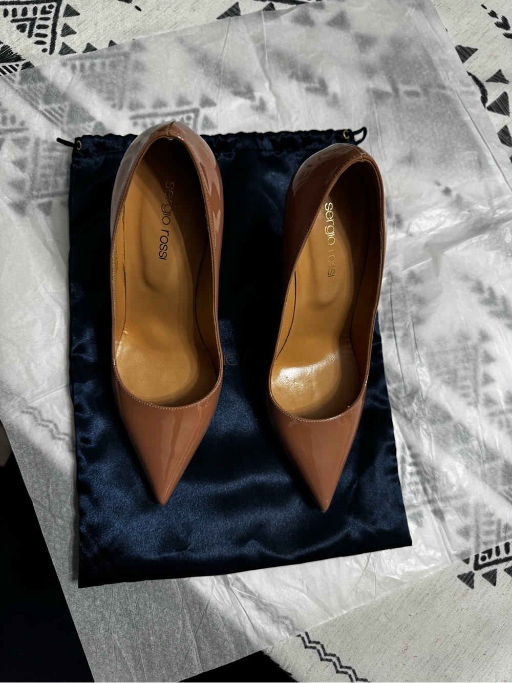 Sergio Rossi Patent Nude-Tan Pointed Toe Pumps